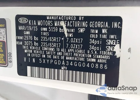 2016 Kia Sorento 2.4L Lx from USA, damaged, VIN 5XYPGDA34GG040886